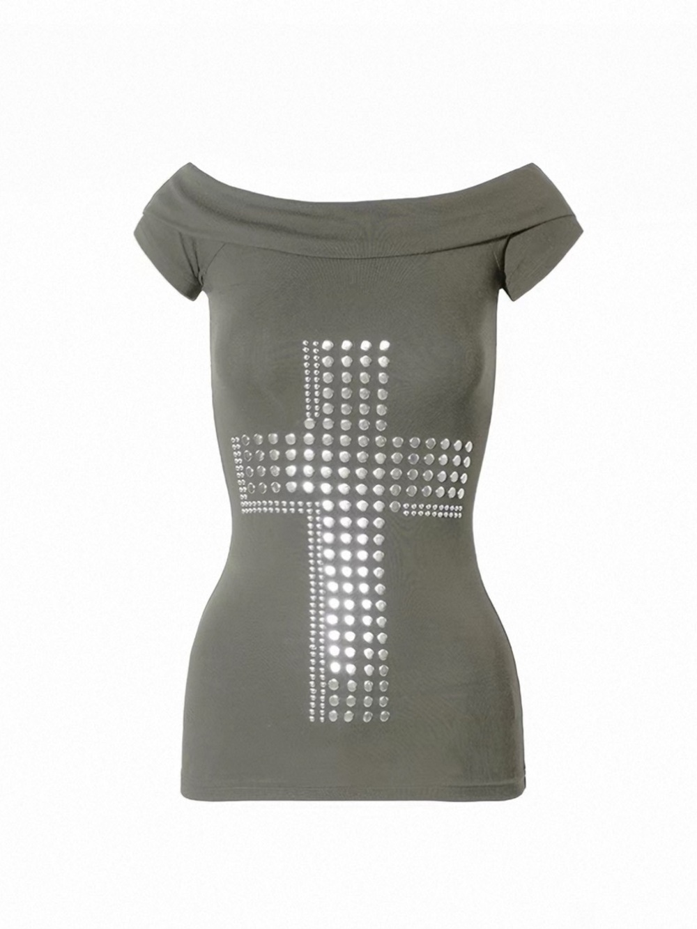 Off-Shoulder Studded Cross Top - Olive/Grey